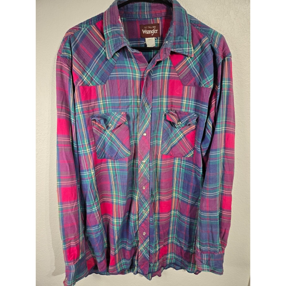 Vintage Wrangler Pearl Snap Shirt Mens Size XL Tall Western Colorful Plaid VTG